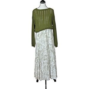 Martha Stewart 2pc Maxi Dress Set S Green Leaf Print Sweater Linen Blend Cottage